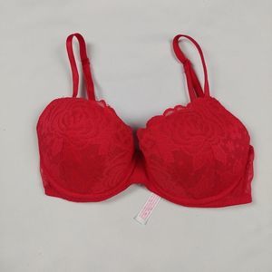 🔥3/$15 VICTORIAS SECRET RED FLORAL LACE PATTERN PUSH UP BRA SIZE 32D